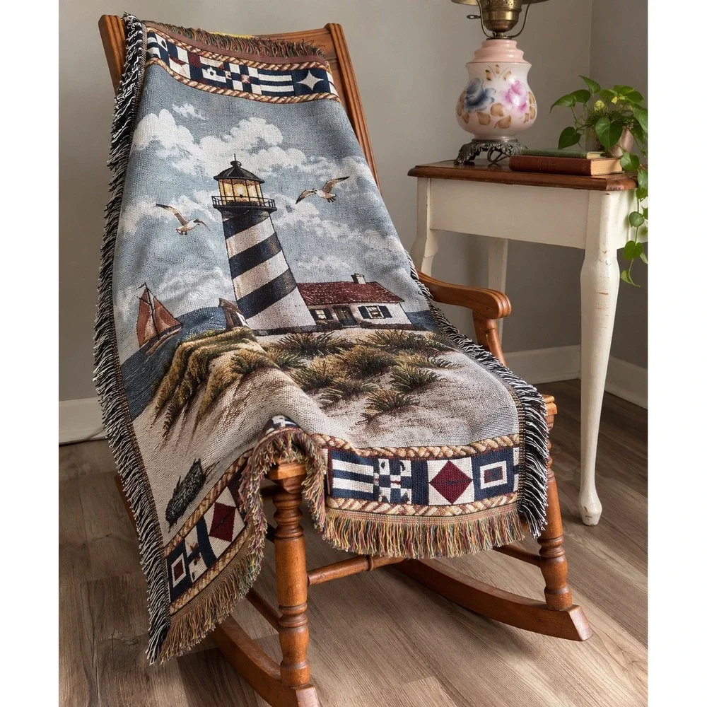 Vintage Lighthouse Woven Tapestry Throw Blanket Nautical Signal Flags 60x50